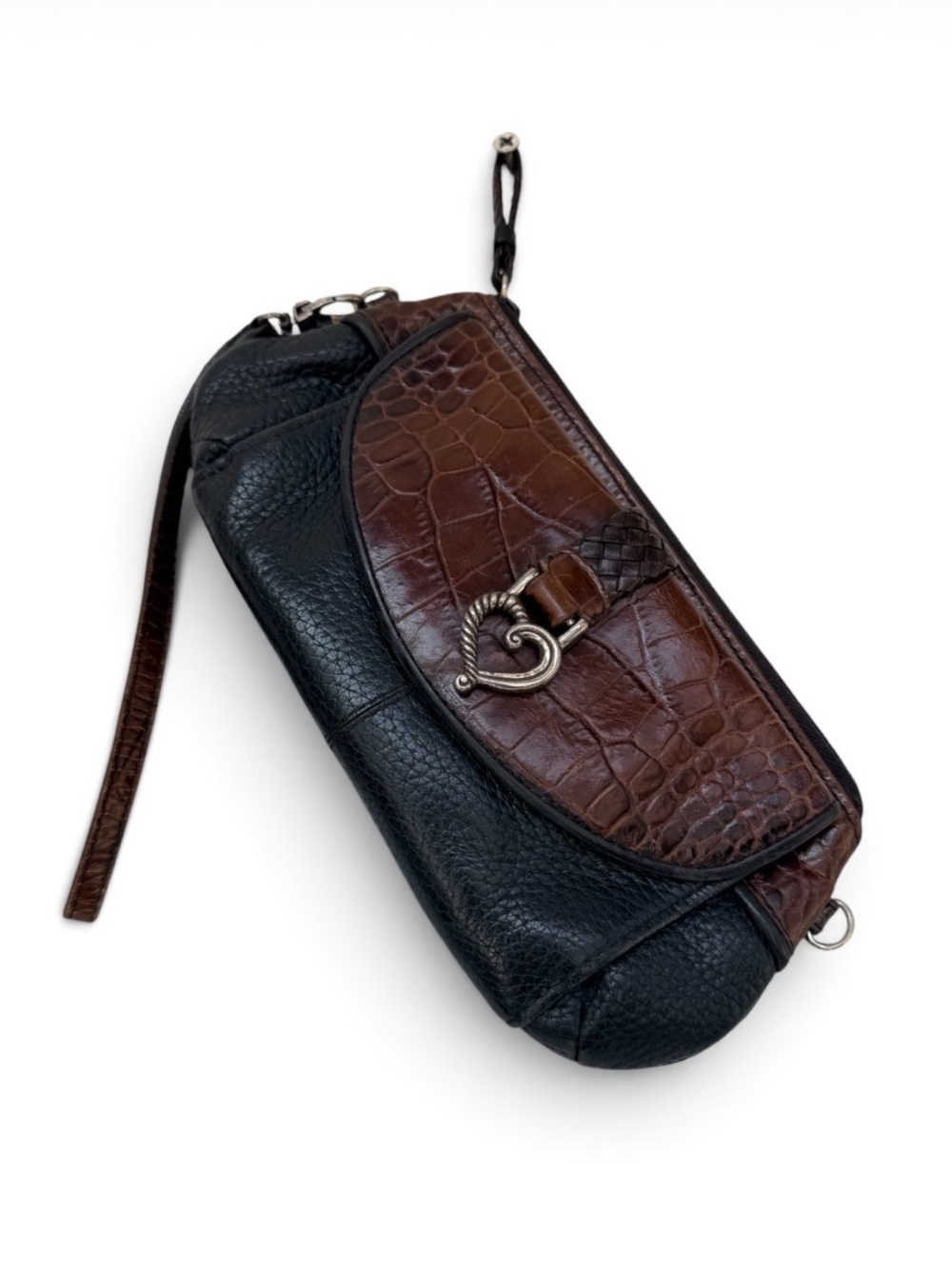 Vtg y2k Brighton Brown and Black Leather croc embossed Wristlet Clutch